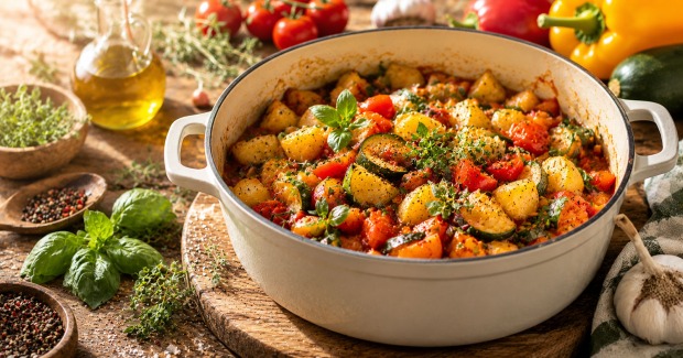 Mediterraner Kartoffel-Gemüse Topf | Credit: AI-generiert/DALL-E/Sara Milenovic