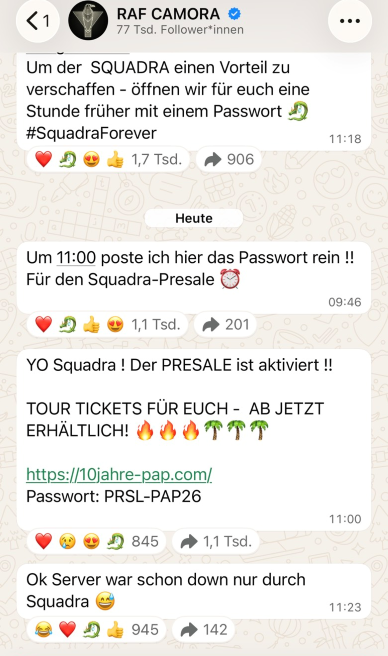 Palmen aus Plastik Tour 2026: RAF Camora informiert seine „Squadra“ im WhatsApp-Kanal über den exklusiven Presale und verschickt das Passwort für den Ticketverkauf.