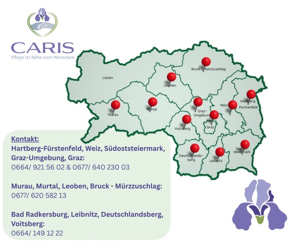 Steiermark-Karte mit Pflegezentren-Standorten | Credit: CARIS – Pflegepraxis und 24h-Betreuungsnetzwerk OG