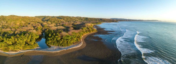 Luftaufnahme einer tropischen Pazifikküste in Costa Rica mit Palmen, Strand und Meer
