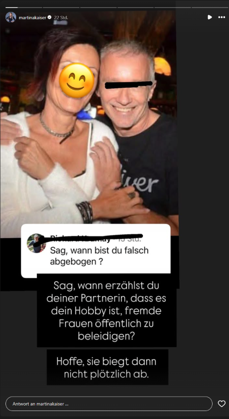 Instagram-Story von Martina Kaiser mit ihrem schlagfertigen Konter auf einen frechen Hater-Kommentar