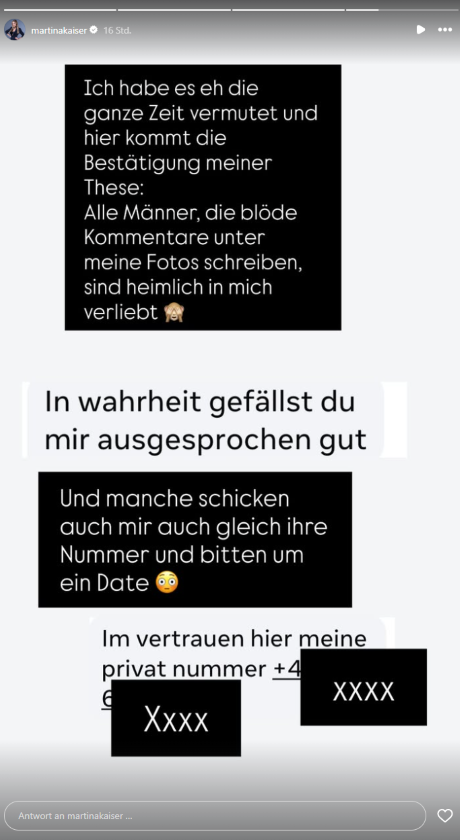 Instagram-Story von Ex-ORF-Star Martina Kaiser mit der Nachricht eines Verehrers, der ihr gesteht, dass sie ihm ausgesprochen gut gefällt.