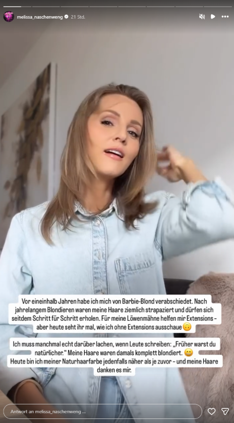 Melissa Naschenweng zeigt auf Instagram ihren neuen Look mit dunkleren Haaren und spricht über den Abschied von ihrem „Barbie-Blond“.