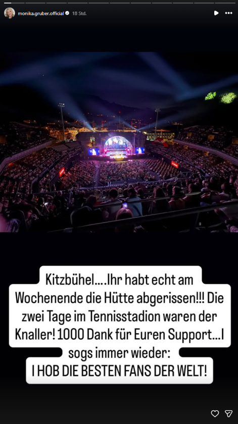 Instagram-Story von Monika Gruber mit Blick auf das volle Tennisstadion in Kitzbühel nach ihrem Auftritt.