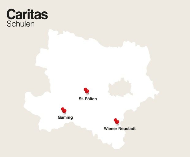 Niederösterreichische Landkarte mit Standorten der Caritas Schulen | Credit: Caritas