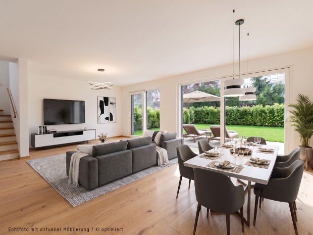 Modernes Wohnzimmer mit hochwertiger Ausstattung | Credit: KI-optimiert/Echtfotos mit virtueller Möblierung/Glorit Bausysteme
