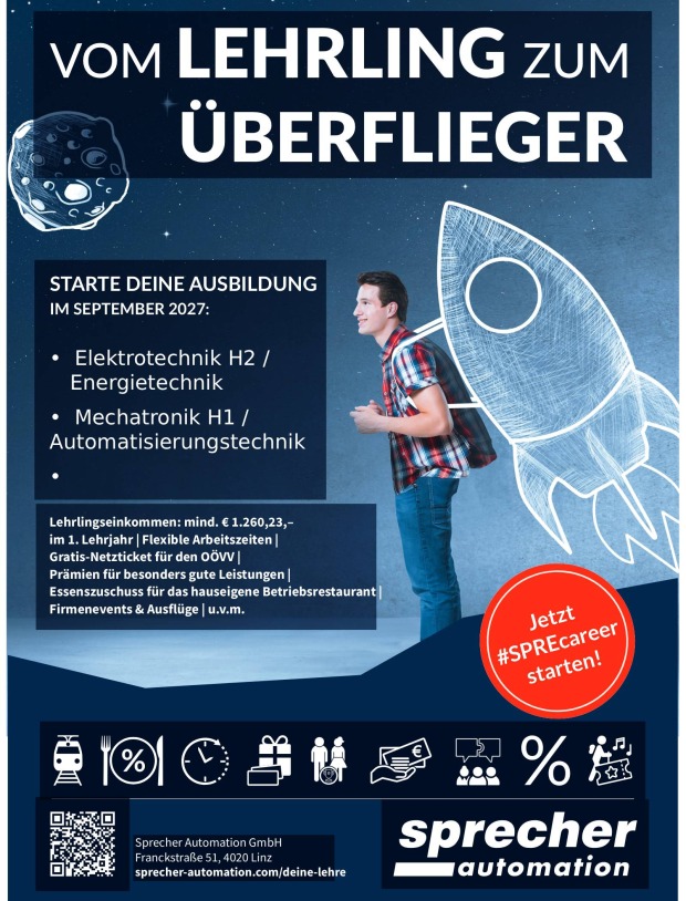 Plakat, das aufruft, sich als Lehrling bei Sprecher Automation zu bewerben | Credit: Sprecher Automation