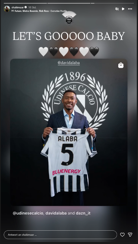 David Alaba präsentiert sein Udinese-Trikot mit der Nummer 5. Ehefrau Shalimar feiert seinen Wechsel in ihrer Instagram-Story.