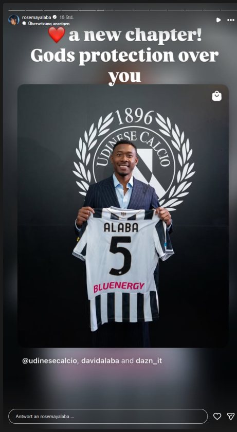 David Alaba präsentiert sein Udinese-Trikot mit der Nummer 5. Schwester Rose May Alaba reagiert mit einer persönlichen Botschaft.