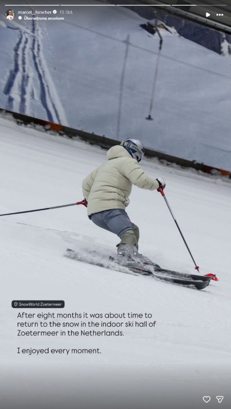 Marcel Hirscher fährt in der SnowWorld Zoetermeer Ski und verkündet auf Instagram „Finally back to skiing“.
