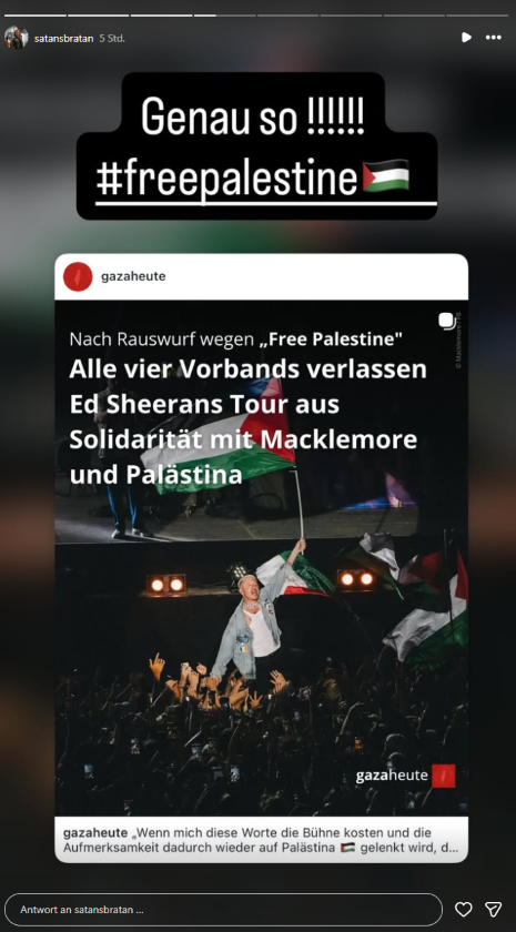 Satans Bratan teilt auf Instagram einen „Free Palestine“-Beitrag zur Kontroverse um Macklemore und Ed Sheeran.