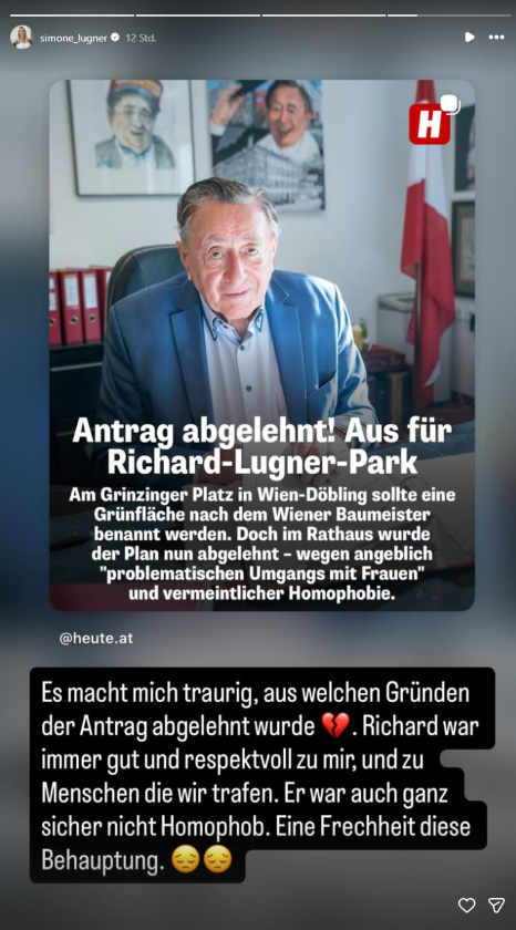 Simone Lugner reagiert auf Instagram auf die Ablehnung des Richard-Lugner-Parks in Wien und bezeichnet eine Behauptung als „Frechheit“.