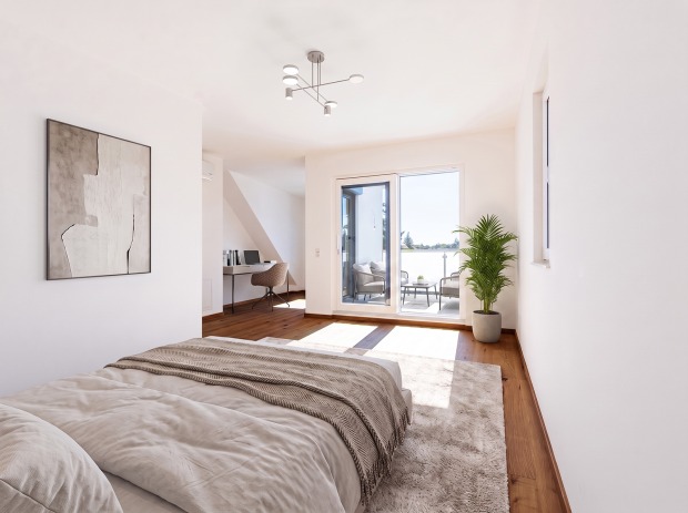 Modernes Schlafzimmer in hellen Farben | Credit: AI-bearbeitet/Echtfotos mit virtueller Möblierung/Glorit Bausysteme