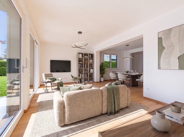 Modernes Wohnzimmer in hellen Farben | Credit: AI-bearbeitet/Echtfotos mit virtueller Möblierung/Glorit Bausysteme