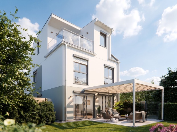Modernes Wohnhaus im Grünen | Credit: AI-bearbeitet/Echtfotos mit virtueller Möblierung/Glorit Bausysteme
