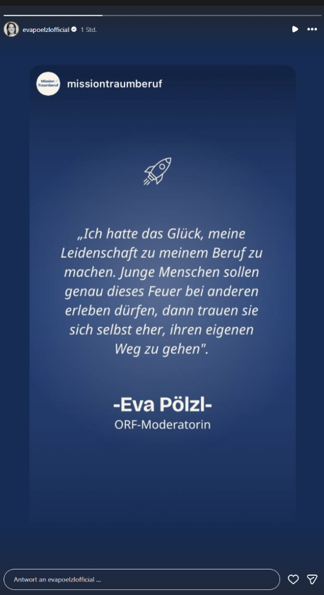 ORF-Moderatorin Eva Pölzl teilt auf Instagram ein persönliches Zitat über ihre Leidenschaft zum Beruf und ermutigt junge Menschen, ihren eigenen Weg zu gehen.