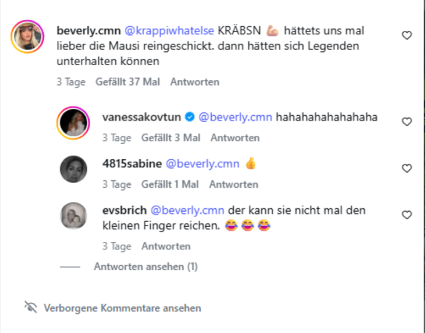 Forsthaus Rampensau: Beverly stichelt auf Instagram gegen Simone Lugner und fordert stattdessen Mausi Lugner. Vanessa Kovtun reagiert lachend.