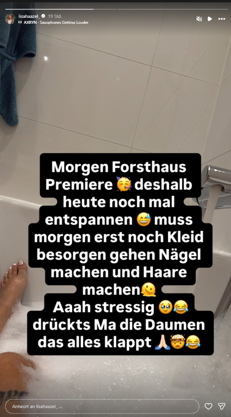 Forsthaus-Rampensau-Star Lisa Haazel entspannt vor der Premiere in der Badewanne und berichtet von ihrem Premieren-Stress.