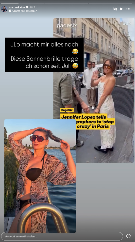 Martina Kaiser vergleicht ihre Sonnenbrille auf Instagram mit jener von Jennifer Lopez und scherzt: „JLo macht mir alles nach“.
