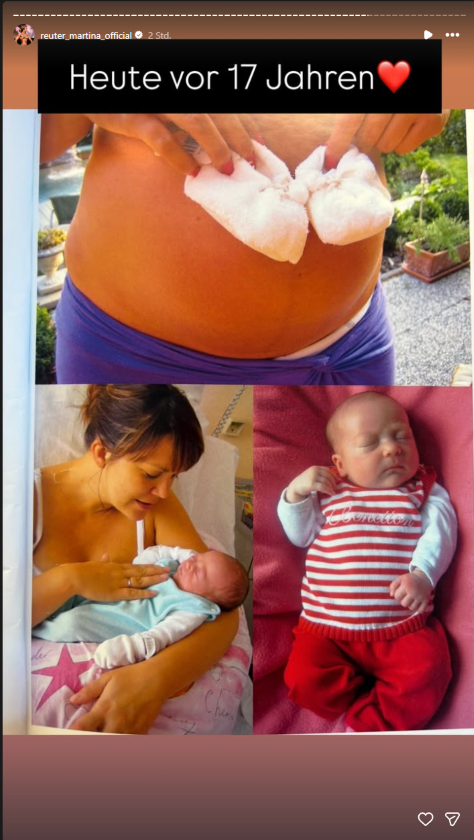 Martina Reuter teilt zum 17. Geburtstag ihrer Tochter private Babyfotos, darunter eine Aufnahme mit ihrem Neugeborenen im Arm und ein Schwangerschaftsfoto.