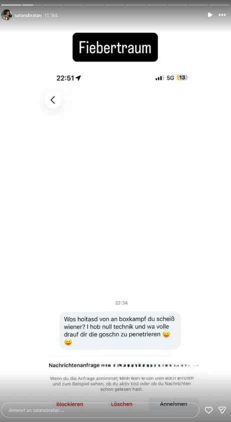 Satans Bratan zeigt auf Instagram eine Nachricht eines Haters, der ihn zu einem Boxkampf herausfordert.