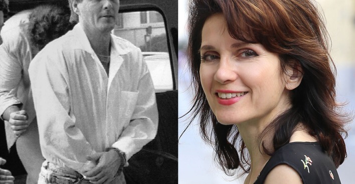 Links ein Schwarzweiß-Bild von Jack Unterweger mit Handschellen, rechts eine Farbaufnahme von Astrid Wagner, lächelnd im Halbporträt