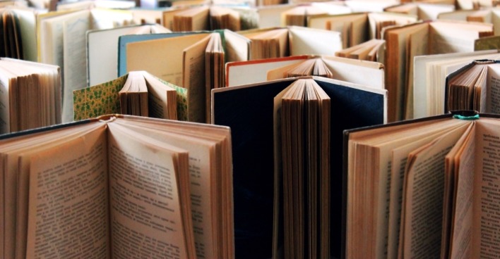 Unzählige halboffene und aufgestellte Bücher