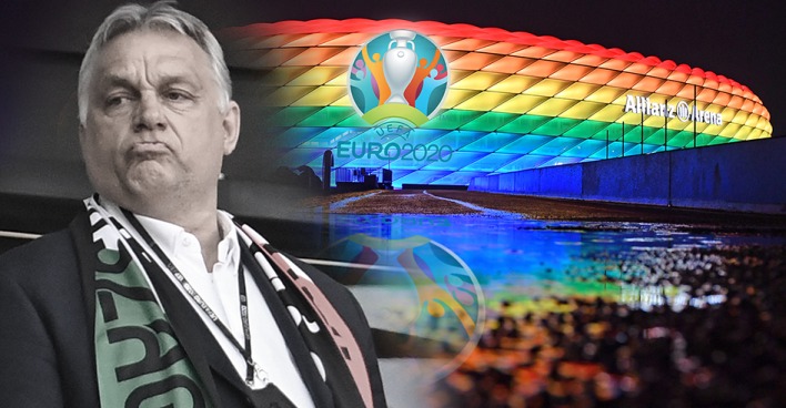 Ungarns Premierminister Viktor Orban im Vordergrund, die Münchner Allianz Arena im Hintergrund.