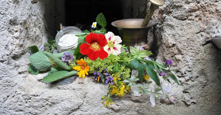 Naturkräuter und Mörser zur Herstellung von Kräutersalz