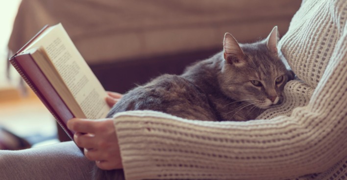 Frau mit Katze auf dem Schoß entspannt beim Lesen | Credit: iStock.com/vladans