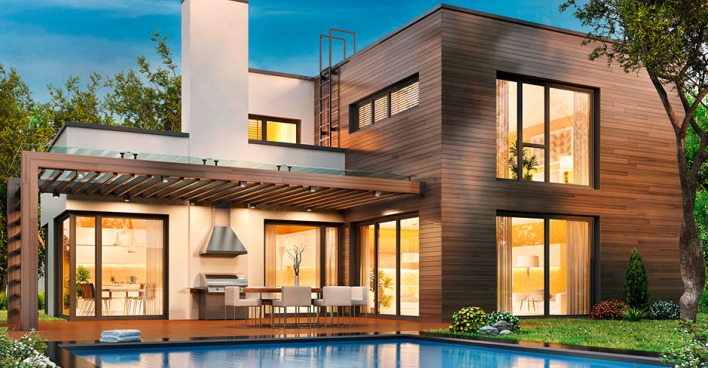 Modernes Wohnhaus mit großen Glasfronten und Pool | Credit: iStock.com/sl-f