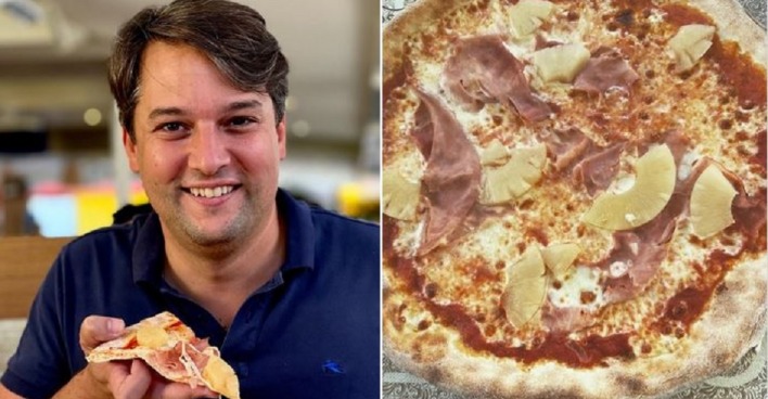 Fotomontage: Links Dominik Nepp. Er grinst und hält ein Stück Pizza in der Hand. Links eine PIzza, belegt mit Ananas und Schinken.