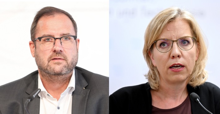 Links ein Porträt von FPÖ-Verkehrssprecher Hafenecker, rechts Leonore Gewessler bei einer Pressekonferenz.