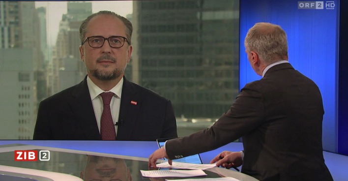 Schaltung aus dem ZIB2-Studio mit Armin Wolf zu Außenminister Alexander Schallenberg nach New York.