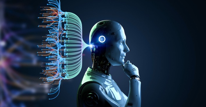 Computeranimiertes Bild: Ein menschenähnlicher Roboter in Denkerpose, die Hand ans Kinn gestützt. Hinter seinem Kopf eine Datenwolke.