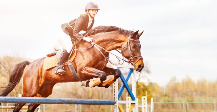 Frau springt mit Pferd über ein Hindernis | Credit: iStock.com/sergio_kumer