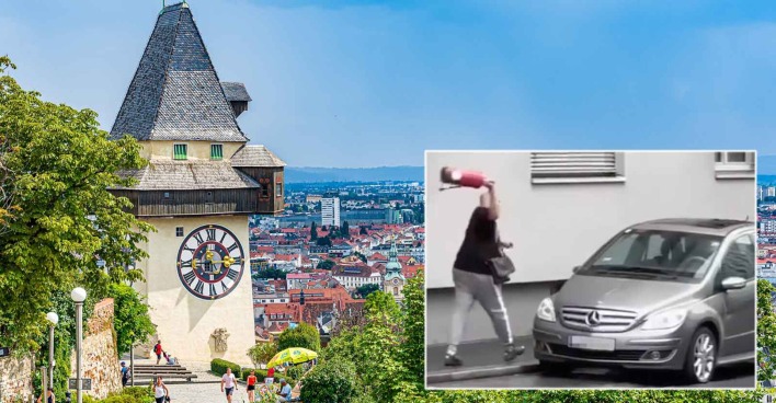 Montage Grazer Uhrturm im Hintergrund und Mann der mit einem Feuerlöscher auf ein Auto einschlägt