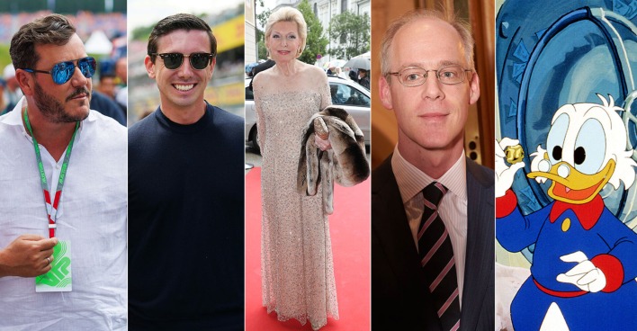 Collage: Rene Benko, Mark Mateschitz, Elisabeth-Maria Schaeffler, Georg Stumpf und Dagobert Duck