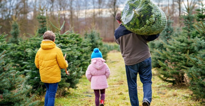 Ein Vater kauft mit zwei Kindern einen Christbaum.