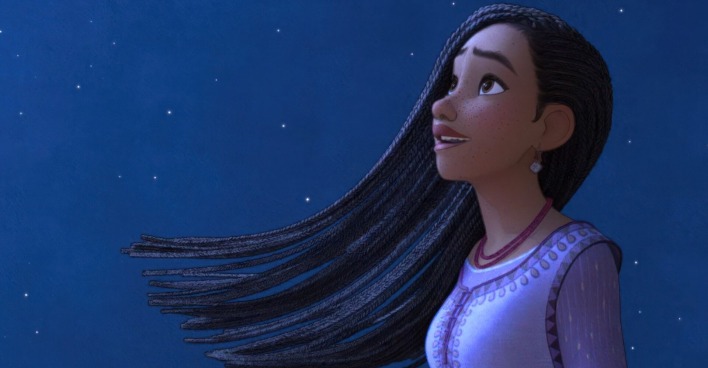 "WISH" ist ein Kinderfilm der eine animierte Person zeigt mit langen schwarzen Haaren, die in den Himmel blickt.