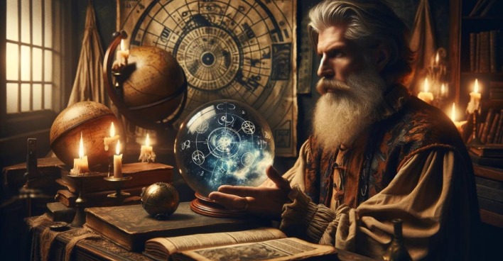 Computeranimation "Nostradamus schaut in die Zukunft": In einem anderen Jahrhundert schaut ein bärtiger Man schaut in eine Kristallkugel mit astrologischen Symbolen.