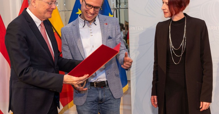 LH Peter Kaiser, G. M. Eichler und R. Schoemaker bei Europa-Preis-Verleihung