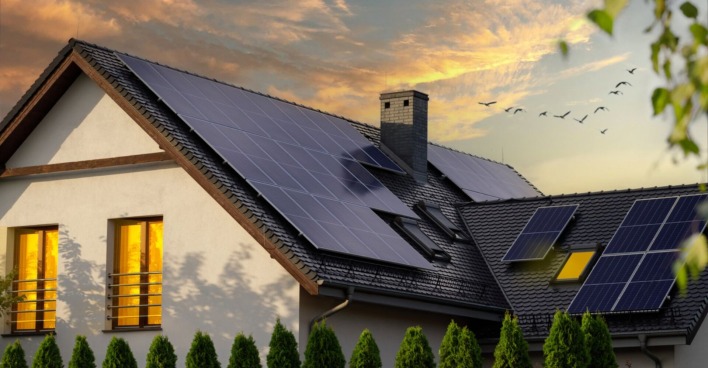 Es ist ein Haus zu sehen, dessen Dächer mit einigen Solarpanelen bedeckt ist und ein schöner blau sowie orange gefärbter Himmel.