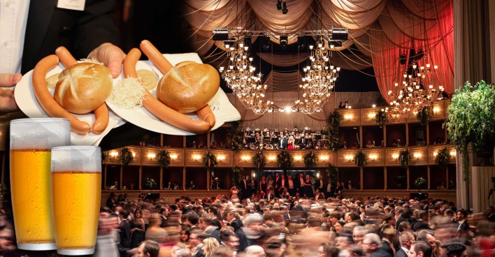 Bildmontage von zwei Bier, Sacherwürstel vor der Kulisse des Wiener Opernballs