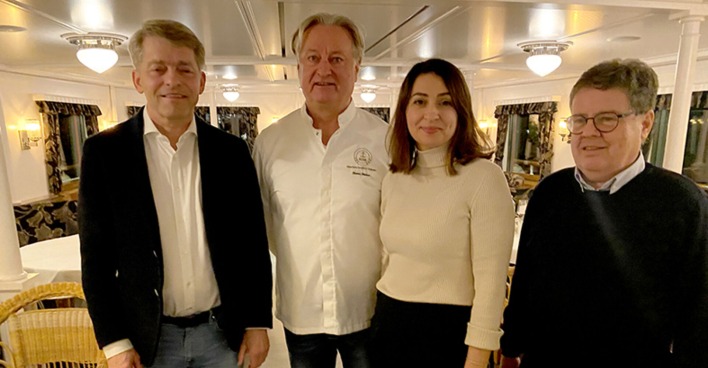 Benno Gmuer, Gastgeber Heino Huber (M.) und GF Havva Dogan (Historische Schifffahrt Bodensee) und Markus Flatz (Motorschiff  Österreich) (v. li.)