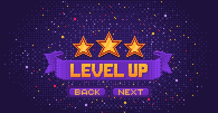 Pixelgrafik mit einem violetten Banner, auf dem in goldener Schrift "Level Up" steht. Darüber befinden sich drei goldene Sterne, die den erfolgreichen Abschluss eines Videospiel-Levels anzeigen.