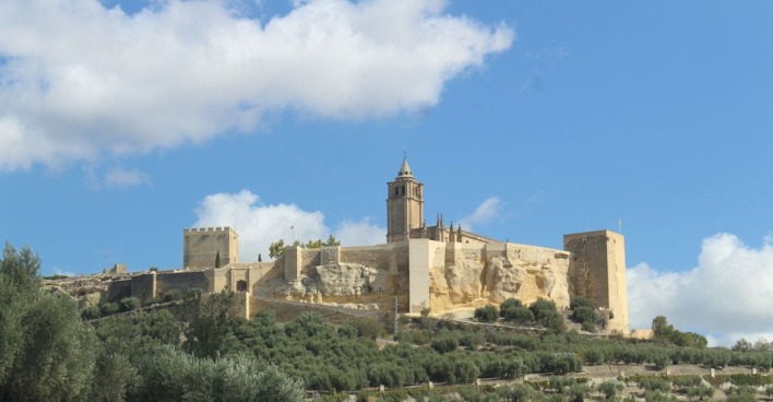 Andalusien: Eine Burg im Sonnenschein. Die alten, braune Mauern sind noch gut erhalten. Am Fuße der Burg sind zahlreiche Olivenbäume zu sehen.