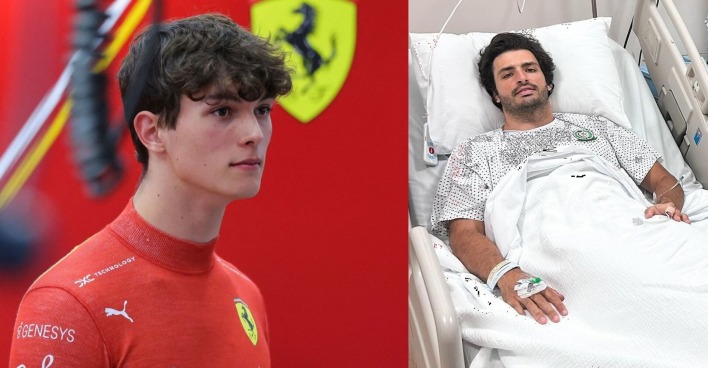 Montage: Links der 18-jährige Oliver Bearman im Ferrari-Overall vor dem Logo des Rennstals. Rechts Carlos Sainz im Krankenbett.