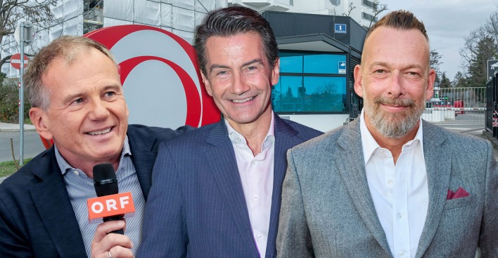 Montage: Armin Wolf, Roland Weissmann und Robert Kratky vor dem Sender des ORF.