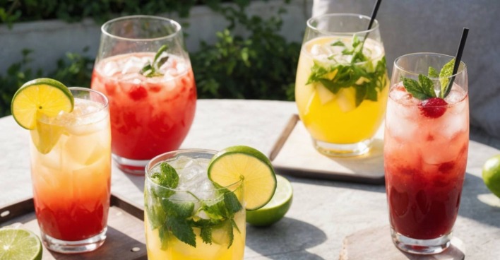 5 Getränke, die mit verschiedenen Cockatils bunt gefüllt sind und mit Limettenscheiben, Kräutern und Beeren gefüllt sind.